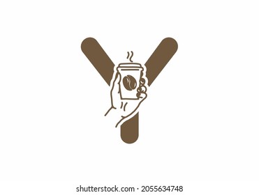 Brown color of Y initial letter with line art coffee cup design