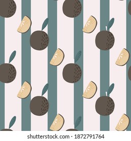 Brown colored apples with slices seamless pattern. Striped background with light and blue lines. Vector illustration for seasonal textile prints, fabric, banners, backdrops and wallpapers.