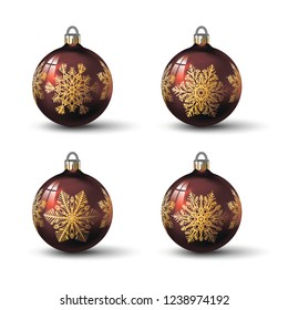 Brown colored christmas balls with different snowflake ornament on it. Set of isolated realistic glass balls. Vector illustration for your design.