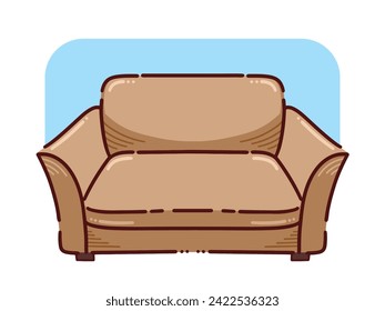 Brown colored comfortable sofa seats vector illustration isolated on horizontal background. Simple flat cartoon art styled comfortable couch drawing.