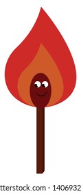 A brown colored match stick with a red colored flame, vector, color drawing or illustration. 