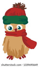 A brown colored owl with red nose wearing red scarf vector color drawing or illustration