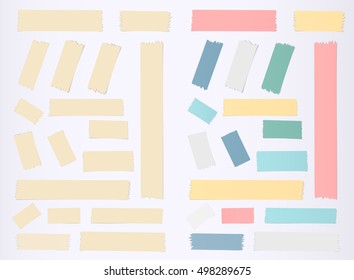Brown, colorful horizontal and vertical masking, sticky tape pieces on grey background
