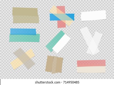 Brown, colorful and white different size adhesive, sticky tape, paper pieces on squared background.