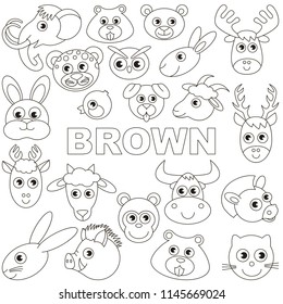 Brown Colorless Animal Heads Objects Color elements set, collection of coloring book template, the group of outline digital elements vector illustration, kid educational game page.