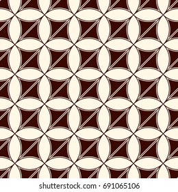 Brown colors abstract background with overlapping circles. Petals motif. Seamless pattern with classic geometric ornament. Digital paper, textile print, page fill. Vector art