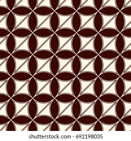 Brown colors abstract background with overlapping circles. Petals motif. Seamless pattern with classic geometric ornament. Digital paper, textile print, page fill. Vector art