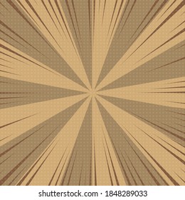 Brown comic book page background in pop art style with empty space. Template with rays, dots and halftone effect texture. Vector illustration