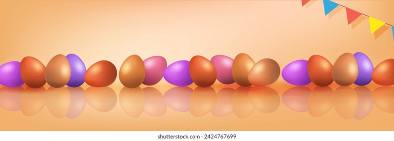 Brown composition with Easter eggs with mirror reflection.