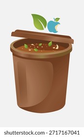 Cubo de compost marrón con hojas verdes y un símbolo de manzana mordida sobre un fondo blanco