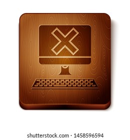 Brown Computer with keyboard and x mark icon isolated on white background. Error window, exit button, cancel, 404 error page not found concept. Wooden square button. Vector Illustration
