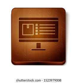 Brown Computer monitor with app delivery tracking icon isolated on white background. Parcel tracking. Wooden square button. Vector Illustration
