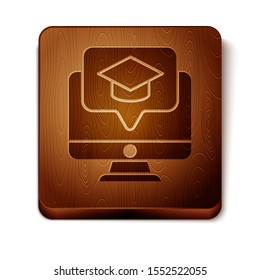 Brown Computer monitor with graduation cap icon isolated on white background. Online learning or e-learning concept. Wooden square button. Vector Illustration