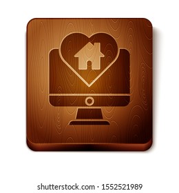 Brown Computer monitor with house in heart shape icon isolated on white background. Love home symbol. Family, real estate and realty. Wooden square button. Vector Illustration