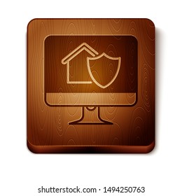 Brown Computer monitor with house under protection icon isolated on white background. Protection, safety, security, protect, defense concept. Wooden square button. Vector Illustration