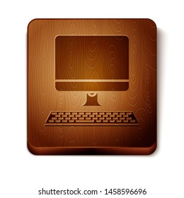 Brown Computer monitor with keyboard icon isolated on white background. PC component sign. Wooden square button. Vector Illustration