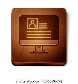 Brown Computer monitor with resume icon isolated on white background. CV application. Searching professional staff. Analyzing personnel resume.  Wooden square button. Vector Illustration