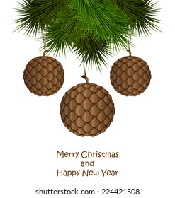 Brown cones like christmas balls hanging on pine branches isolated on white background