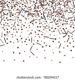 Brown confetti on a white background. Beautiful bright background. Brown Confetti. A frame of confetti. A scattering of confetti. Placer from the circles. Dots. Vector illustration.