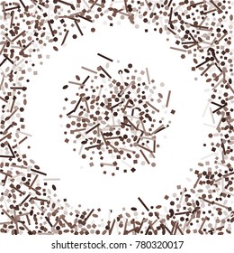 Brown confetti on a white background. Beautiful bright background. Brown Confetti. A frame of confetti. A scattering of confetti. Placer from the circles. Dots. Vector illustration.