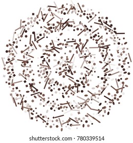 Brown confetti on a white background. Beautiful bright background. Brown Confetti. A frame of confetti. A scattering of confetti. Placer from the circles. Dots. Vector illustration.