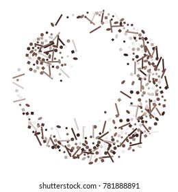 Brown confetti on a white background. Beautiful bright background. Brown Confetti. A frame of confetti. A scattering of confetti. Placer from the circles. Dots. Vector illustration.