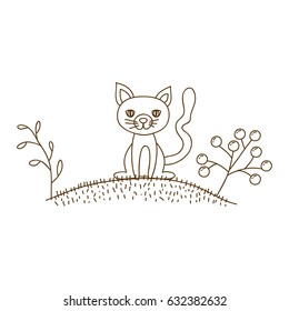 brown contour graphic of cat in hill with plants vector illustration