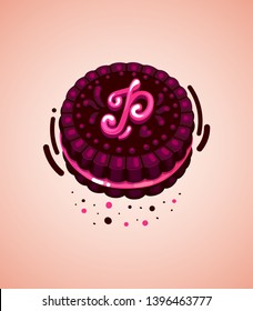  Brown cookie and pink letter P 
vector illustration initial 