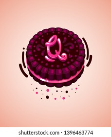  Brown cookie and pink letter Q 
vector illustration initial 