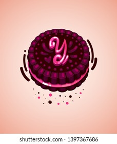 Brown cookie and pink letter Y 
vector illustration initial 