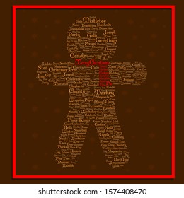 Brown Cookie with red scarf formed with christmas words inside a red square and snowflakes at background