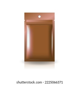 Brown copper foil, plastic, paper flat zip bag with round hang hole for food, healthy, beauty product. Isolated on white background. Ready to use for package design. Realistic vector illustration.