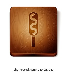 Brown Corn dog icon isolated on white background. Traditional american fast food. Wooden square button. Vector Illustration