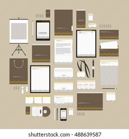 Brown corporate identity template with waves. Vector modern company style for brand book and guideline. Documentation for business. Stationery mock-up with logo. Branding design concept.
