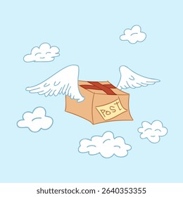 Brown corrugated carton box with wings. Parcel airdrop, fast express delivery and shipping service