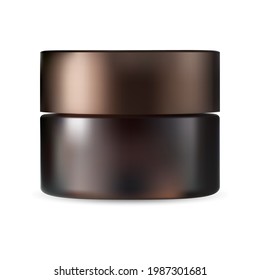 Brown cosmetic jar. Cream package mock up, beauty powder bottle with plastic cap, 3d vector template isolated on white background