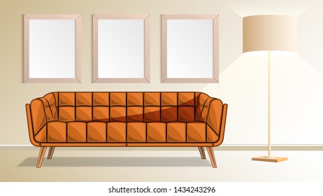 Brown couch, wooden frames on wall and floor lamp in living room.  Modern interior design Vector illustration
