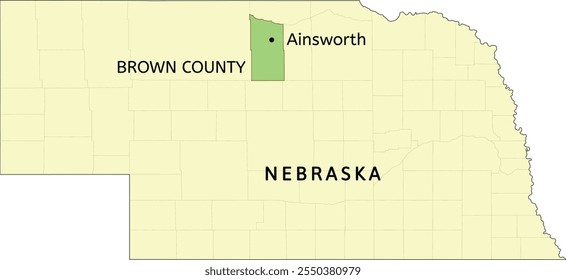 Brown County and city of Ainsworth location on Nebraska state map