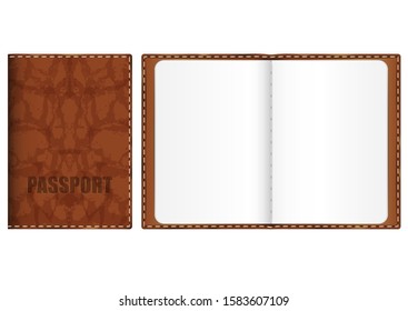 brown cover with embossed leather texture and thick thread stitched edges. template mockup open pages of the document.