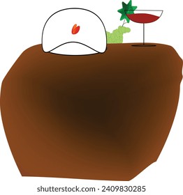 a brown cover table with glass of red wine and grapes and some food stuff covered
