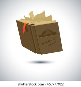 Brown covered opened book with pages fluttering. Vector illustration in flat style isolated from the background