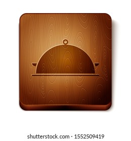 Brown Covered with a tray of food icon isolated on white background. Tray and lid sign. Restaurant cloche with lid. Kitchenware symbol. Wooden square button. Vector Illustration