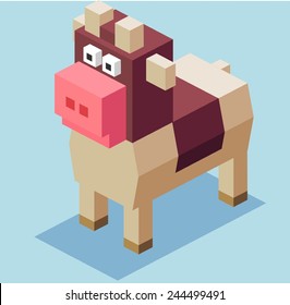 brown cow. 3d pixelate isometric vector
