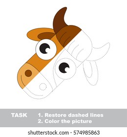 Brown Cow Face Head. Dot to dot educational game for kids. Trace the colorless half and color the picture.