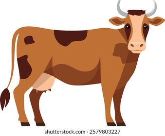 A brown cow with white patches, standing upright with a calm expression. It has a tail, horns, and an udder, depicted in a cartoon illustration style