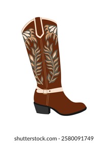 A brown cowboy boot with a leaf design on the side. The boot is a symbol of the cowboy lifestyle and is often worn by those who enjoy the outdoors