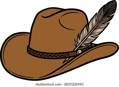 Brown cowboy hat adorned with a braided band and a decorative feather perfect for western themes or country style