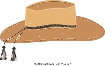 Brown cowboy hat with black band and tassel details. Traditional western headwear, classic American rodeo gear vector illustration.