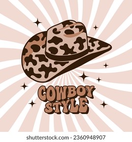 Brown cowboy hat with cow print on retro background. Western cowboy hat and cowboy style text. Illustration. Vector