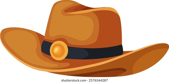 Brown cowboy hat featuring a wide brim and a decorative band with a circular ornament. Iconic western accessory symbolizing adventure and rugged style